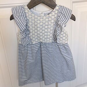 Dr. Kid Blue and White Striped Cotton Blouse with Floral Tulle